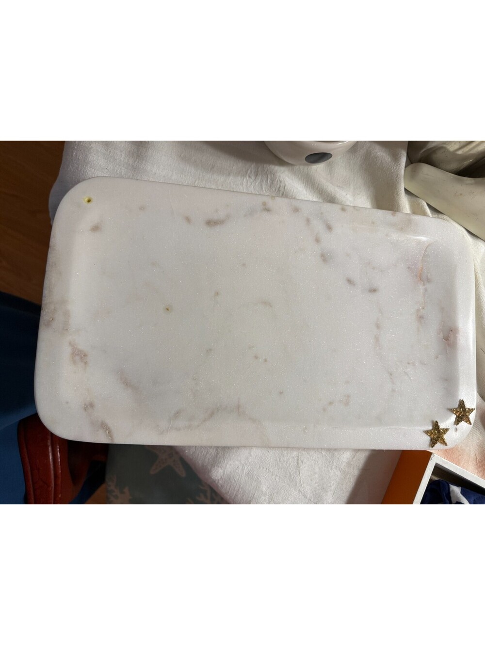 White Marble Vanity Tray Gold Star Accents Rectangular Catchall Jewelry Perfume